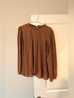 LOFT Brown Polka Dot Ruffled Mock Neck Blouse